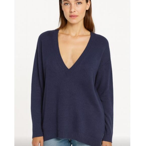 Eileen Fisher SZ XL 100% Linen Deep V Navy Blue Sweater Lightweight Boxy Casual - Picture 1 of 5